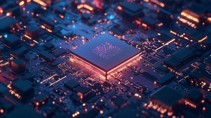 Zoomed-in image of a semiconductor chip with AI technology surrounded by circuitry