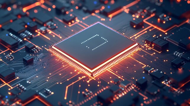 Zoomed-in image of a semiconductor chip with AI technology surrounded by circuitry