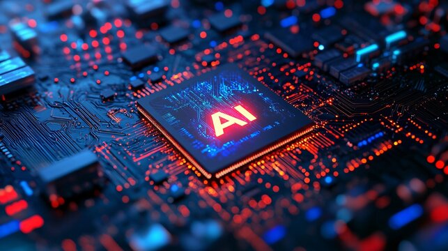 Close-up of a microprocessor chip with AI label connected to intricate circuits