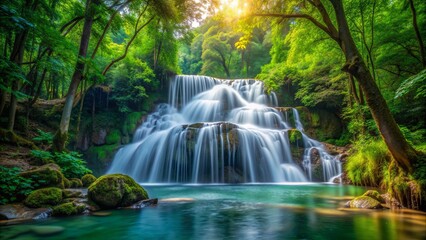 Beautiful waterfall cascading through dense trees in a deep forest, waterfall, deep forest, nature, serene, peaceful, remote, lush