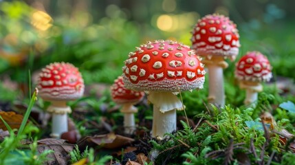 Close up of inedible poisonous mushrooms in natural forest habitat macro photography background