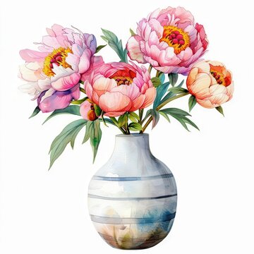 recommend clip art: One modern style vase flowers of vibrant Peony Bouquet, watercolor clipart illustration, lsolated on white background