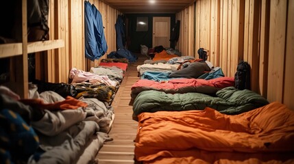 Wooden Cabin Dormitory with Sleeping Bags Lined Up, Cozy Interior for Group Camping or Emergency Shelter