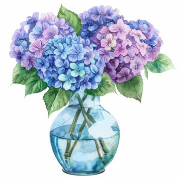 recommend clip art: One modern style vase flowers of vibrant Hydrangea Bouquet, watercolor clipart illustration, lsolated on white background