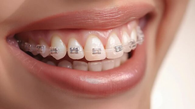 Close-up of mouth with orthodontic appliances, smiling, white teeth
