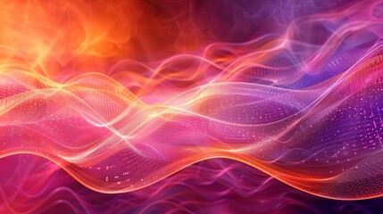 Fototapeta premium Abstract wavy background with glowing lines and dots in pink, orange, and purple color scheme.