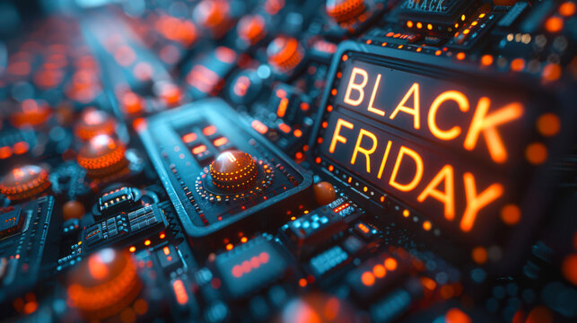 The Black Friday sale management system. A computer chip labeled "Black Friday". The inscription is lit and surrounded by many other lights, buttons and levers