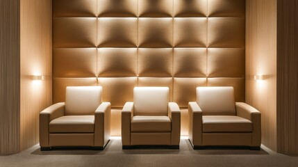 Luxurious room with deep brown leather walls, matching leather furniture, sleek modern design, dim lighting, and soft leather carpets for a cozy feel