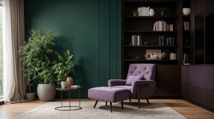 Fashionable contemporary sanctuary with dark wood, muted colors, and green plants 