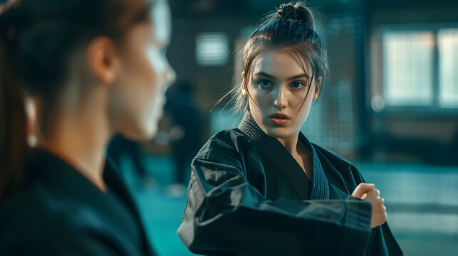 Strong, female and martial arts fighter training at an exercise studio with an opponent.