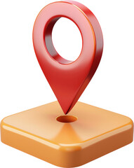 A 3D red location pin is sitting on a square orange base,  isolated on a black background.