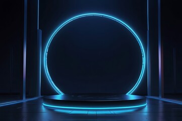 Blue background. 3d podium stage, empty platform in neon light, abstract display or circle studio product pedestal. Shop promotion backdrop with glowing showcase. Vector night scene.