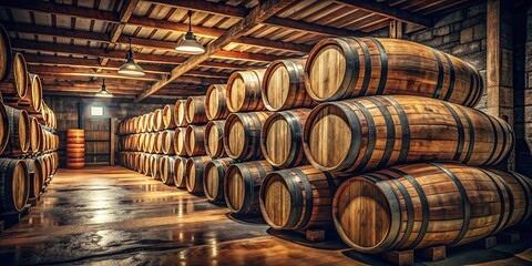 Aged wooden whiskey barrels in a dimly lit aging facility , whiskey, bourbon, scotch, wine, barrels, aging, facility, cellar