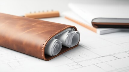 Rich brown leather portfolio containing precise architect blueprints, with a vintage drafting set nearby, set against a backdrop of architectural books