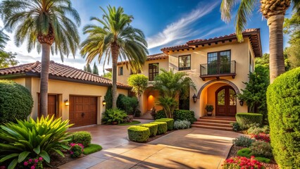 Warm Mediterranean-inspired stucco home in California, surrounded by lush greenery and palm trees, with a sunny driveway leading to a welcoming entrance.