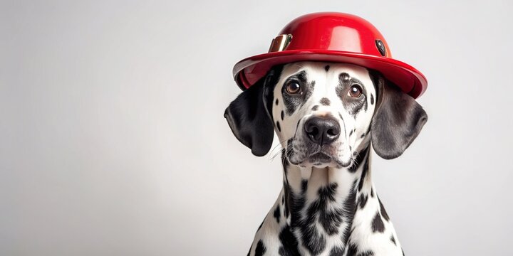 Adorable Dalmatian dog dons a miniature firefighter helmet, sitting proudly in front of a blank background, perfect for adding your rescue-themed message or advertisement.