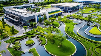 Modern business campus with lush landscaping, water features, and contemporary buildings in a serene setting.
