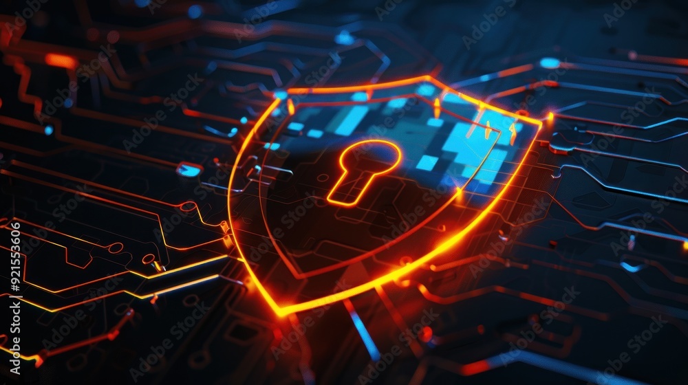 Poster cyber security shield with keyhole on circuit board