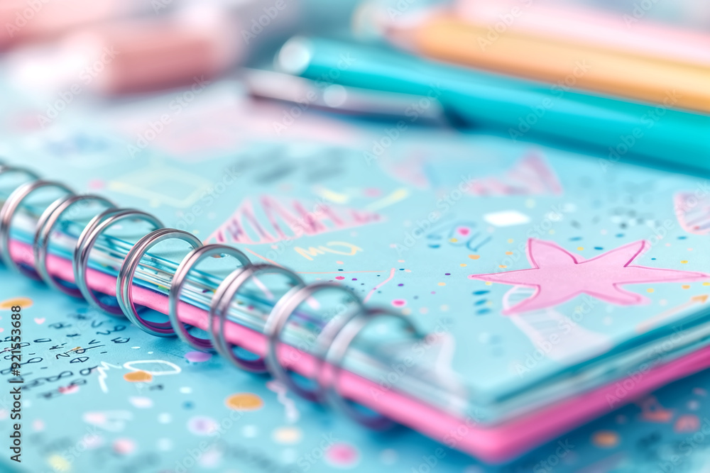 Poster close-up of colorful spiral notebook with abstract design and stationery on desk