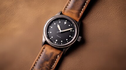 Rustic leather watch strap, worn and weathered, with vintage stitching and a warm, faded brown color, evoking a sense of timeless elegance