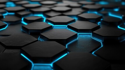Obraz premium Futuristic Abstract 3D Hexagons Wallpaper, High Tech Digital Modern Pattern for Technology and Science Themes, Dark Blue Glowing Shapes on Black Background