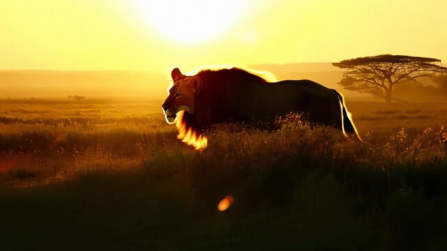 Majestic Lion at Sunset in the African Savanna