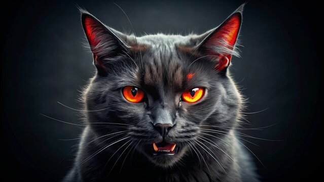 Angry black cat with glowing red eyes, sharp claws, and devilish horns, demon, angry, fierce, black, cat, animal, spooky