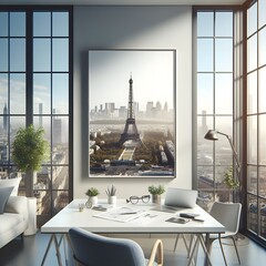 Modern Interior with Eiffel Tower Print and City View