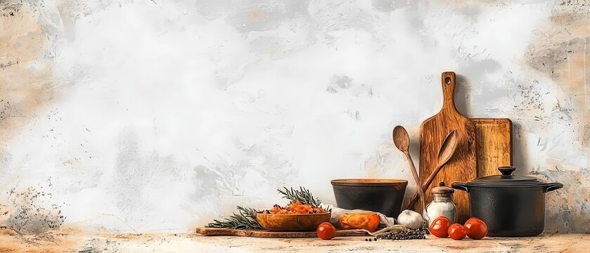 Rustic kitchen scene with fresh ingredients, wooden utensils, and cookware, ideal for culinary art and recipe presentations.