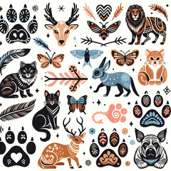 Obraz premium Colorful Animal and Floral Pattern with Paw Prints