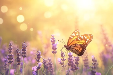 A graceful butterfly flutters above blooming lavender fields during a golden sunrise