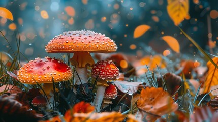 Vibrant autumn forest mushrooms close up, growth among grass and leaves, capturing fall essence