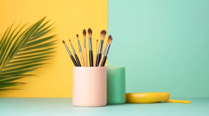 Colorful ceramic brush holders, bright and playful setup, varied tools for painting and makeup, vibrant backdrop, creative and eclectic style