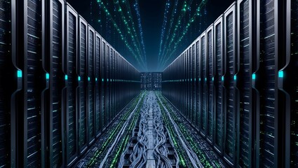 Naklejka premium Futuristic data center server racks with glowing green and blue lights in a high-tech environment