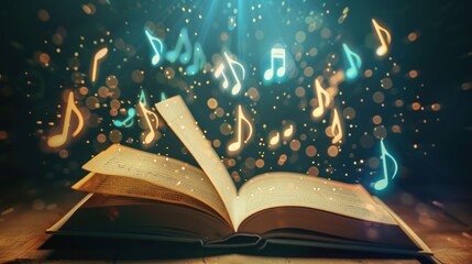 Open Book with Music Notes in a Magical Atmosphere
