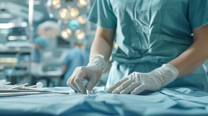 Fototapeta premium Meticulous Surgical Hands Arranging Sterile Field in Operating Room