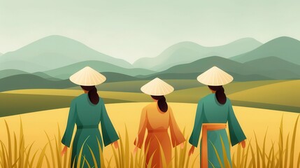 Farmers working in rice fields, traditional attire, flat design illustration