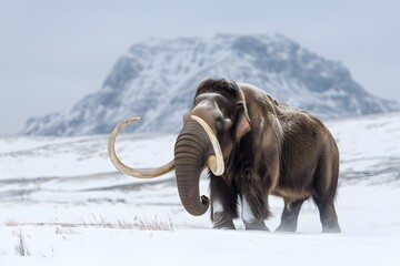 Woolly mammoth in a snowy tundra, showcasing its massive size and thick fur minimalist, graphics