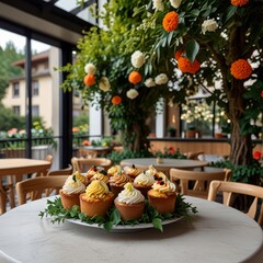 Obraz premium a cake on a table with flowers and a cupcake on it