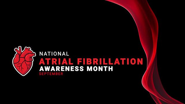 National Atrial fibrillation awareness month. Heard icon and red color ribbon wave motion.