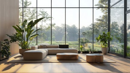 A minimalist living room with upcycled furniture, indoor plants, and large windows overlooking a sustainable landscape