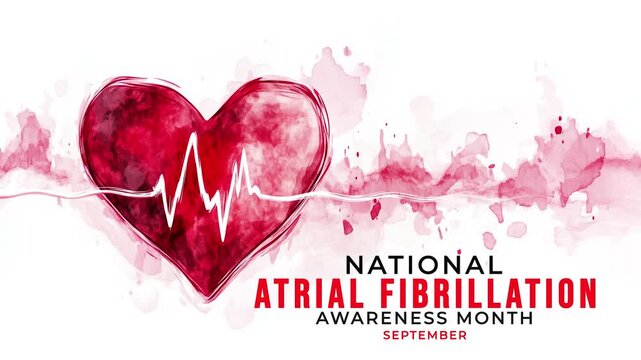 National Atrial fibrillation awareness month. Heard icon and red color ribbon wave motion.