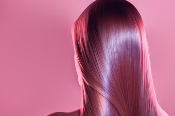 Shiny Pink Hair in a Sleek, Straight Style Against a Pink Background