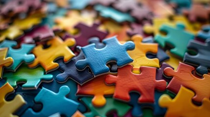 Fototapeta premium Close-up of a colorful jigsaw puzzle with a blue piece in focus.