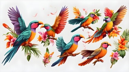 Obraz premium Tropical birds in flight with vibrant feathers, isolated on a clear backdrop