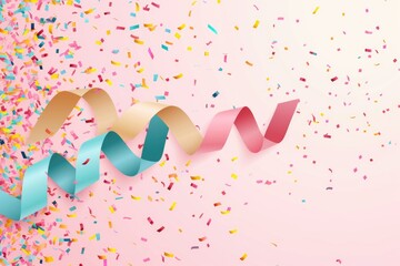 Colorful ribbon with confetti white background