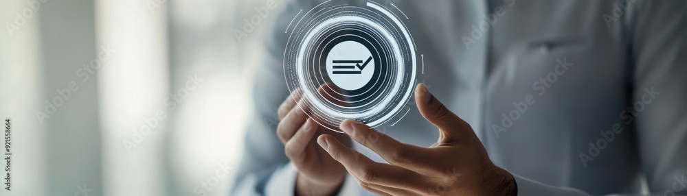 Poster a person holds a futuristic interface with a checkmark symbol, symbolizing approval and technology i