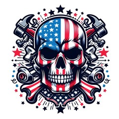 American Skull with Crossed Hammers and Stars
