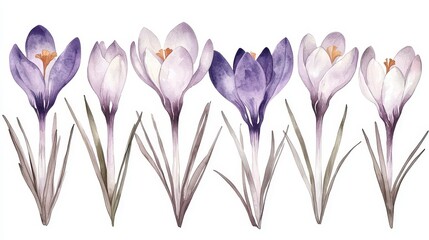 Watercolor crocus clipart with delicate purple and white flowers