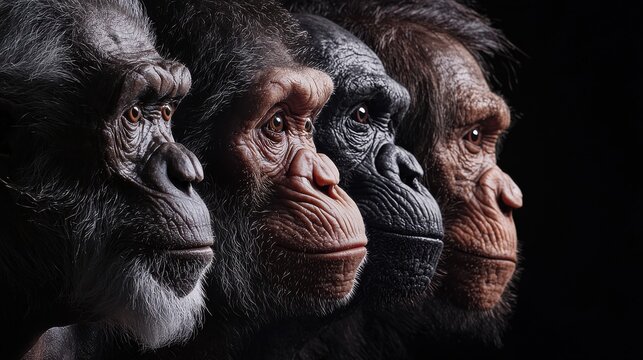 Human evolution. A study of the sequence of biological evolution of Homo sapiens. The face of a monkey, ape, ancient humans, modern humans